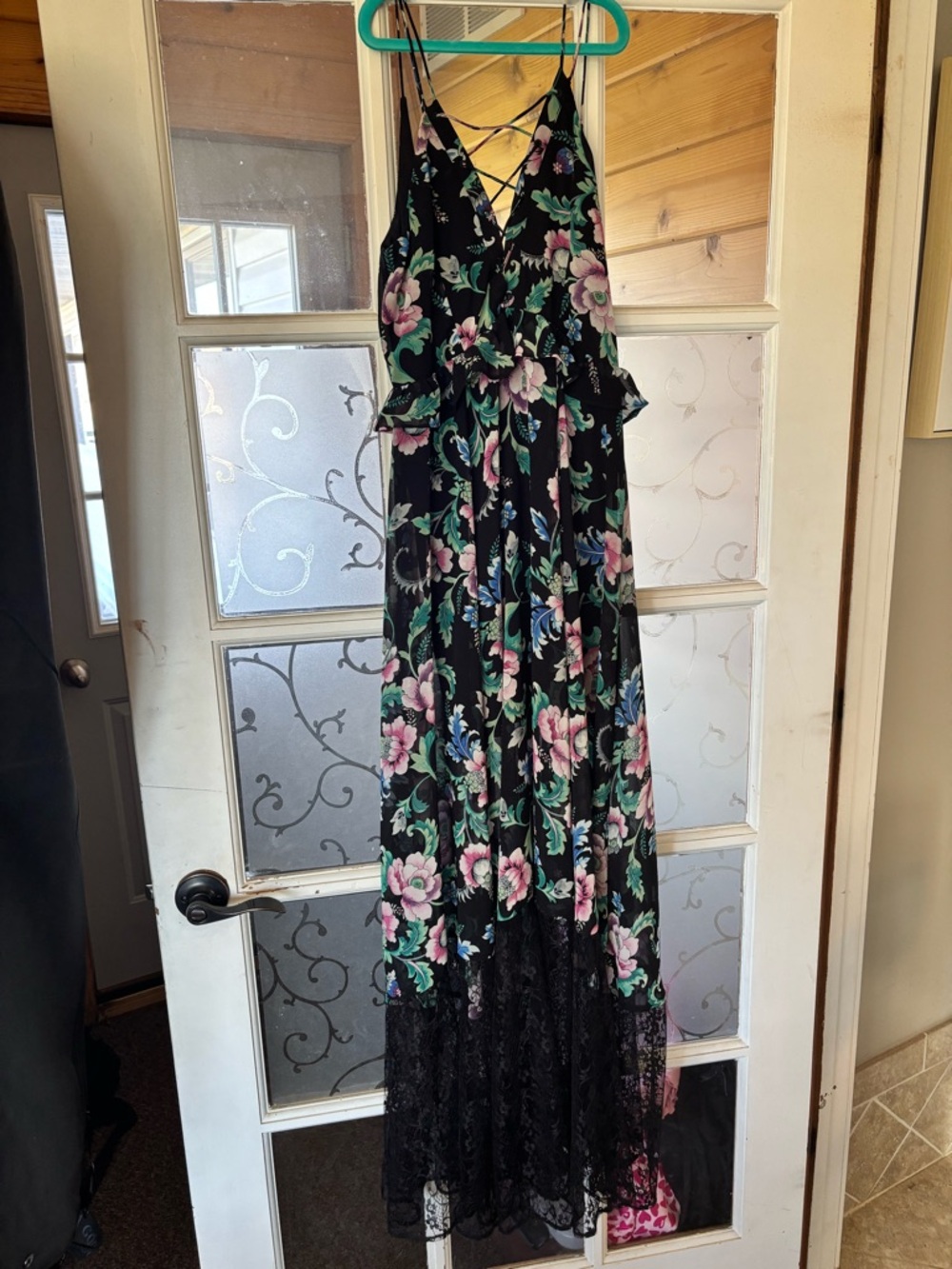 Express Black Floral Backless Maxi Dress with Pink & Green Blooms
